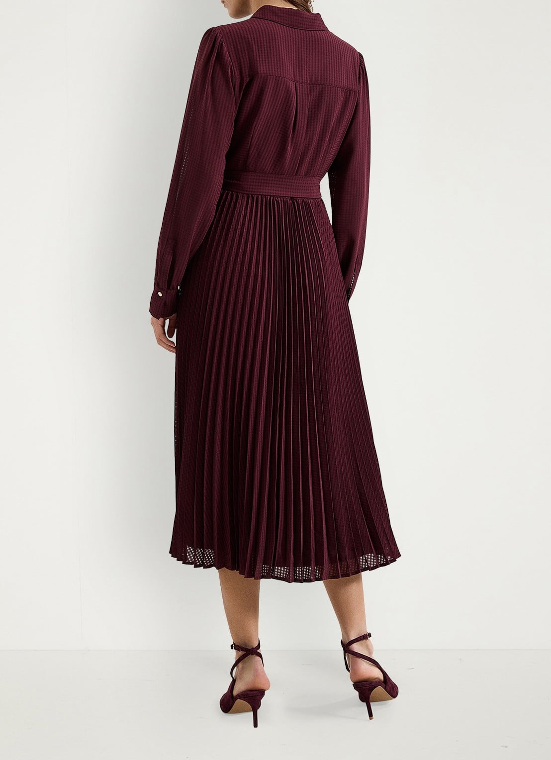 Phase Eight Ren midi blousejurk met print en strikceintuur - achterkant 8 bordeauxrood