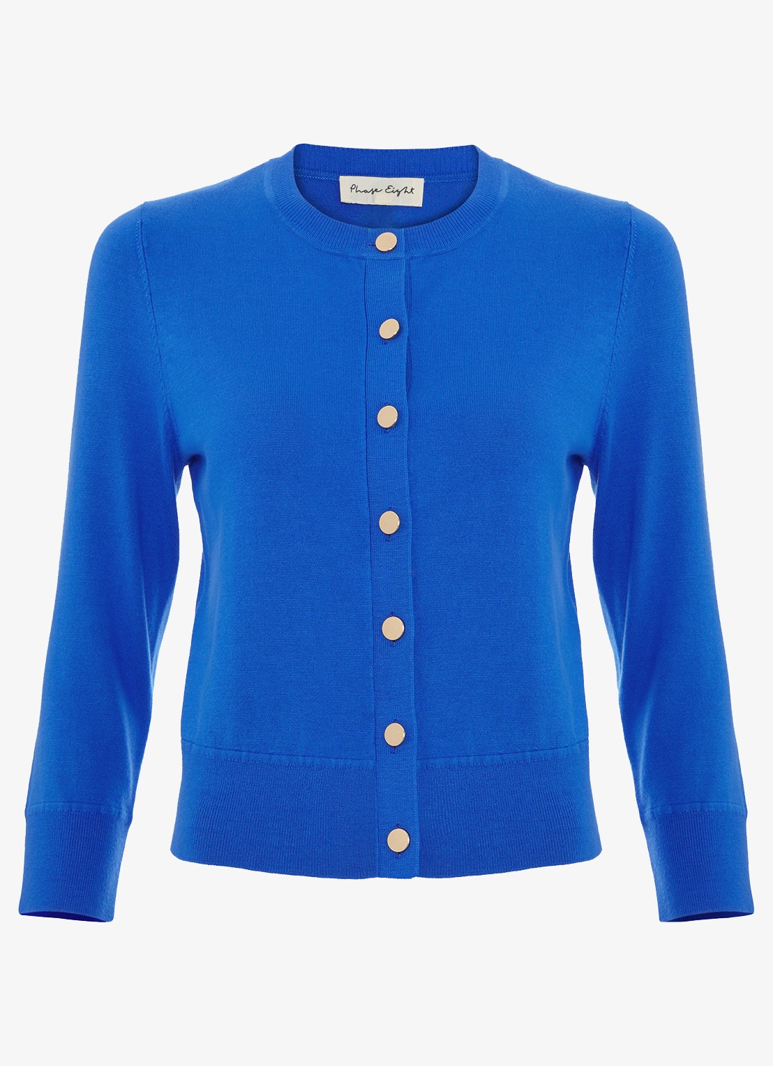 Phase Eight Robin fijngebreid vest met ronde hals - voorkant blauw