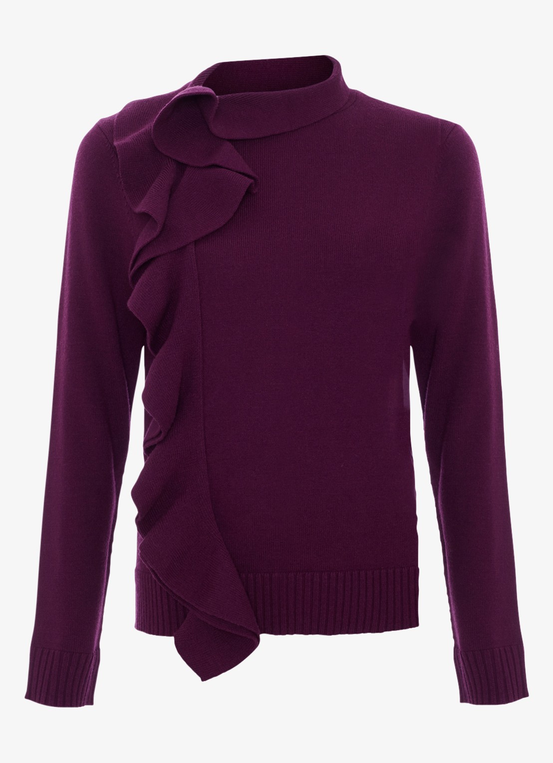 Phase Eight Robyn fijngebreide trui met volant - voorkant 7 aubergine