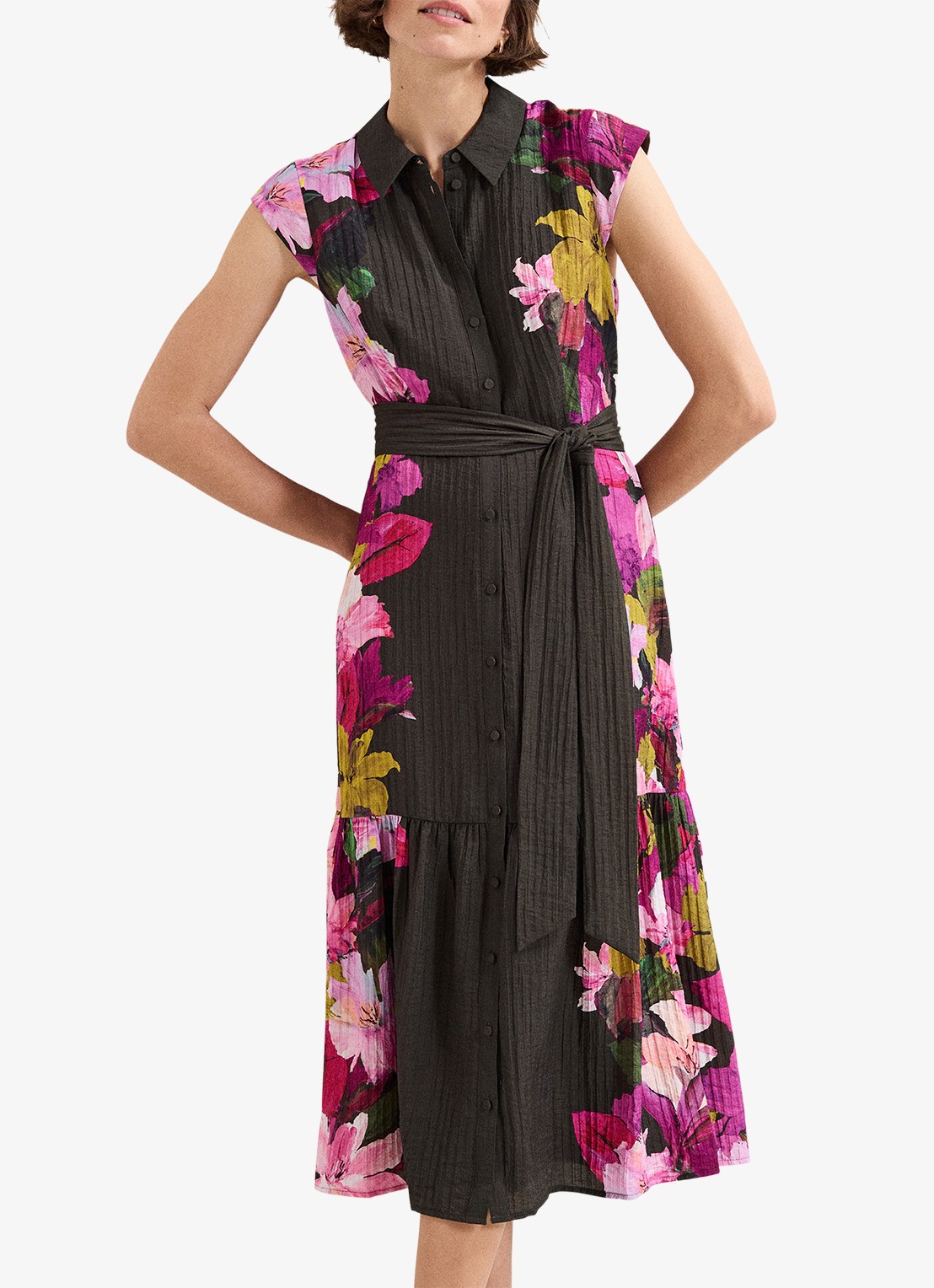 Phase Eight Robyn midi jurk met bloemenprint - detail 2 bronsgroen