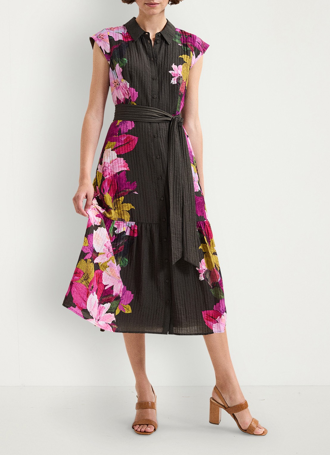 Phase Eight Robyn midi jurk met bloemenprint - voorkant 8 bronsgroen