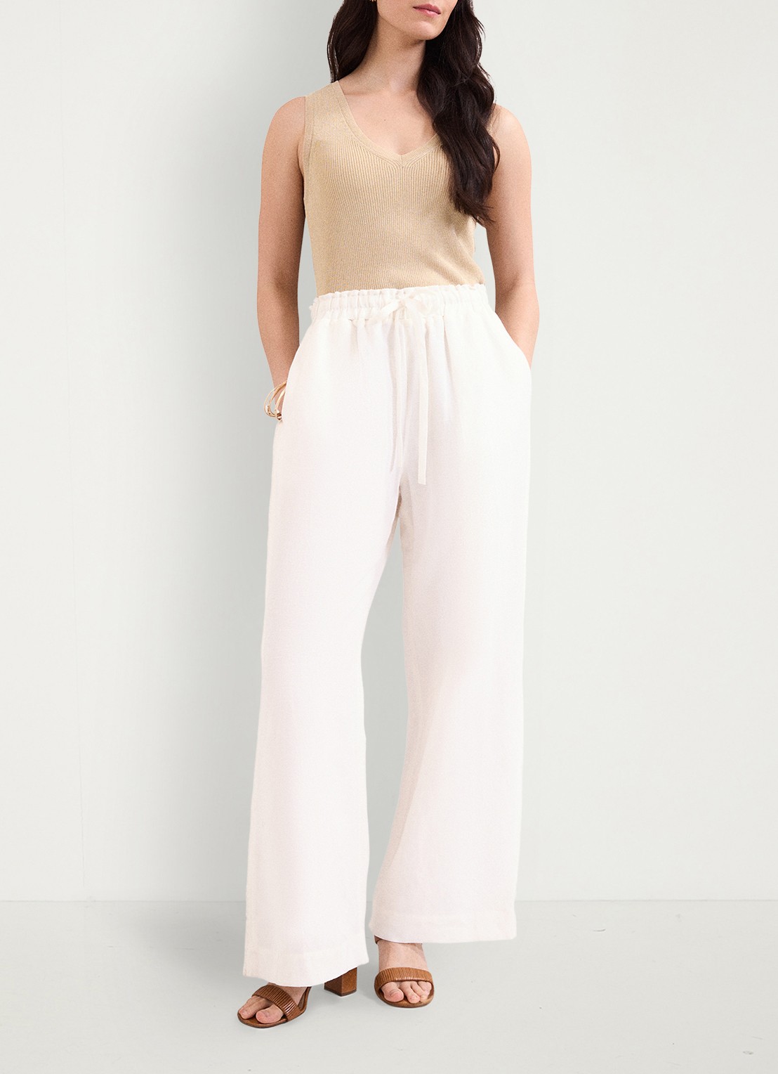 Phase Eight Rowan high waist wide fit broek in linnenblend - voorkant 3 white