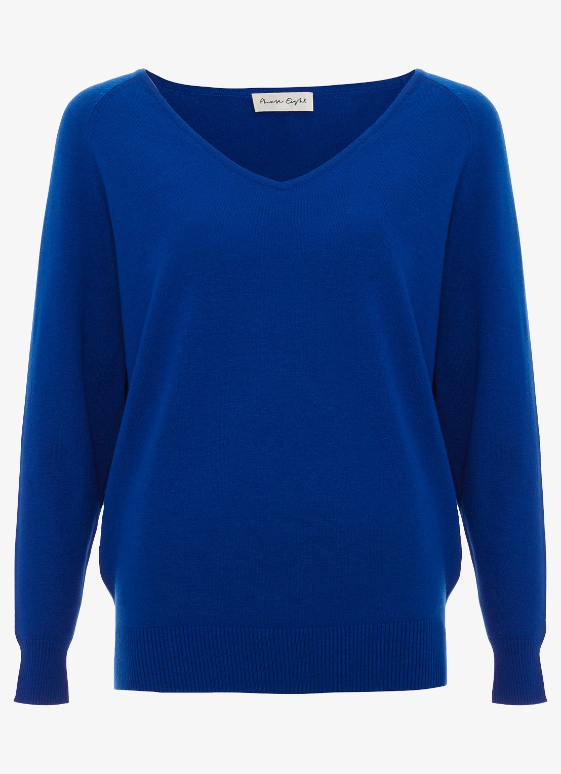 Phase Eight Senita fijngebreide trui met V-hals - voorkant 2 blauw
