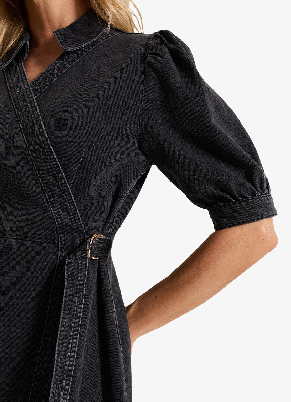 Phase Eight Senita midi wikeljurk van denim met gekleurde wassing - detail 3 donkergrijs