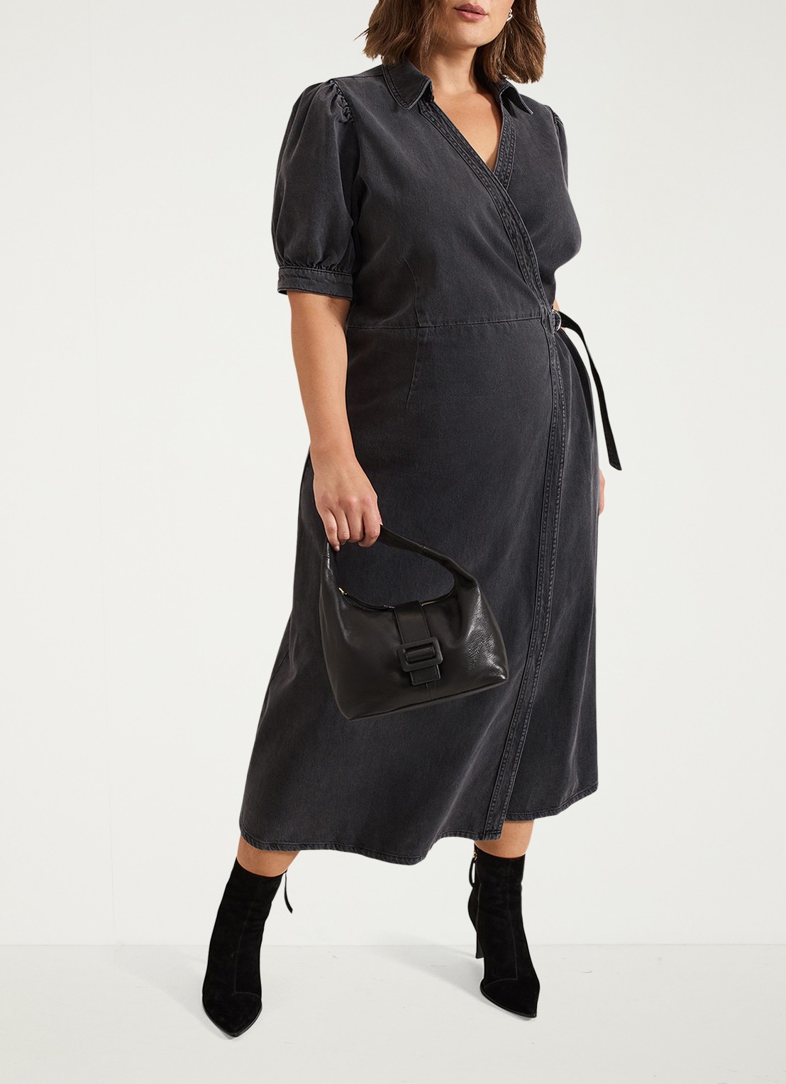 Phase Eight Senita midi wikeljurk van denim met gekleurde wassing - detail 5 donkergrijs