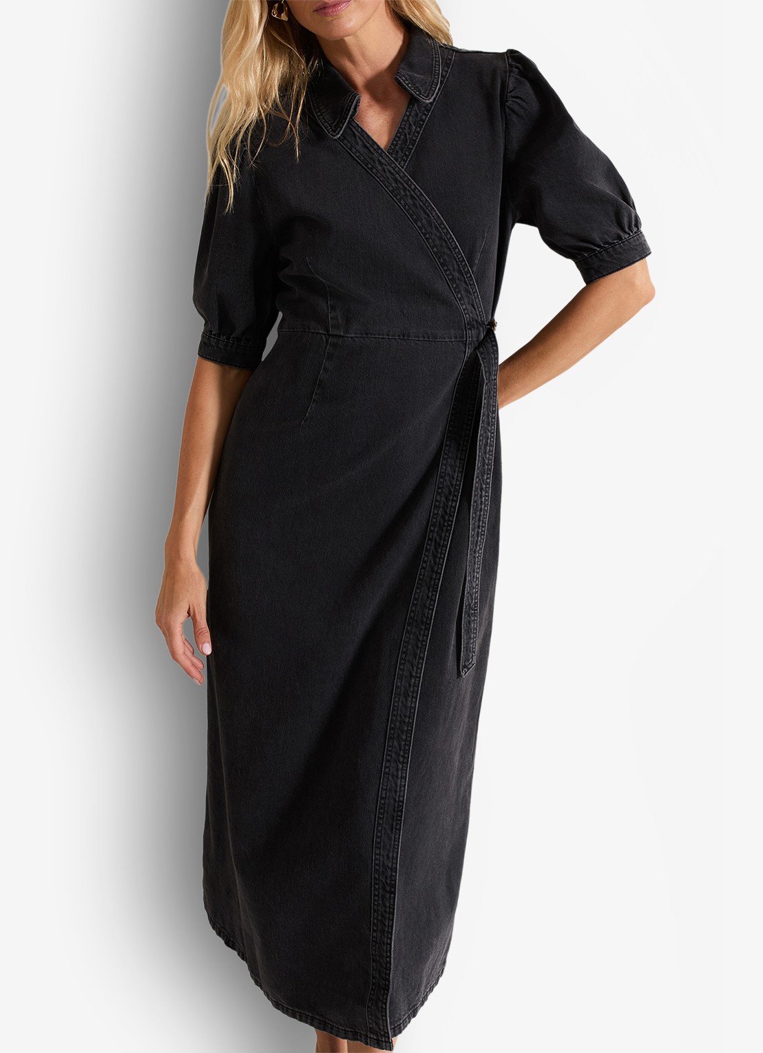 Phase Eight Senita midi wikeljurk van denim met gekleurde wassing - voorkant 7 donkergrijs