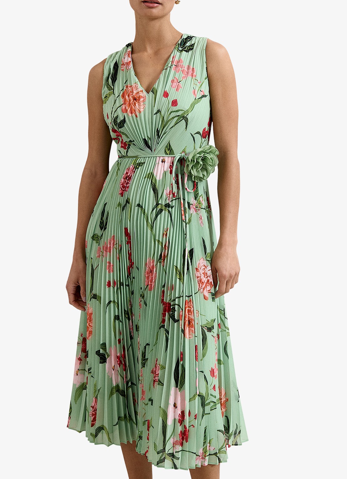 Phase Eight Simara midi jurk met bloemenprint en strikceintuur - detail 4 lindegroen