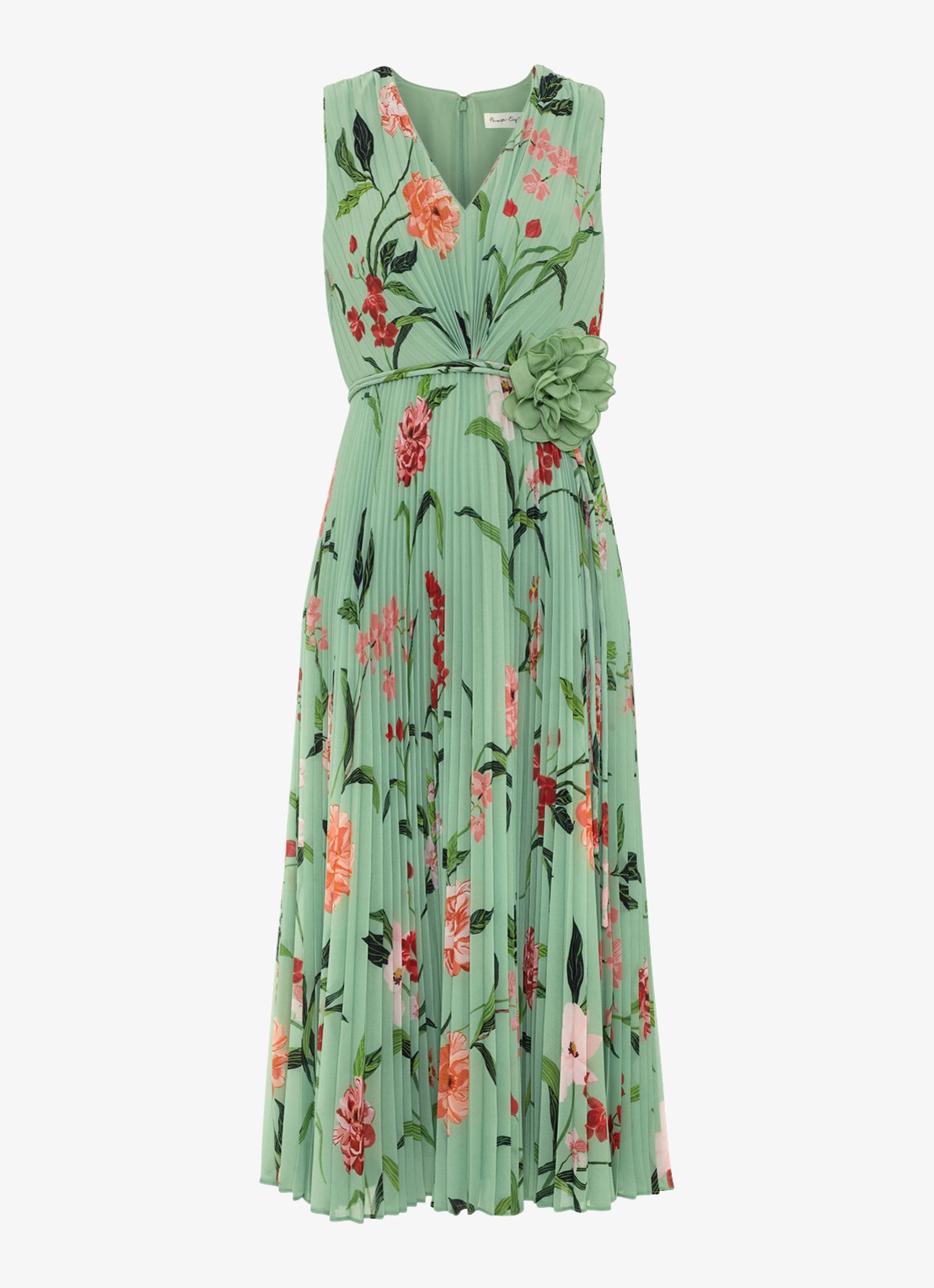 Phase Eight Simara midi jurk met bloemenprint en strikceintuur - voorkant lindegroen