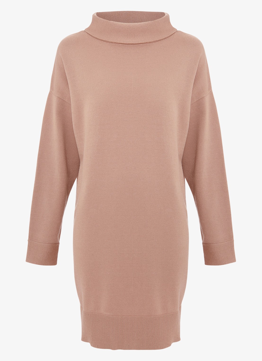 Phase Eight Skylar mini fijngebreide trui-jurk met opstaande kraag  - voorkant camel