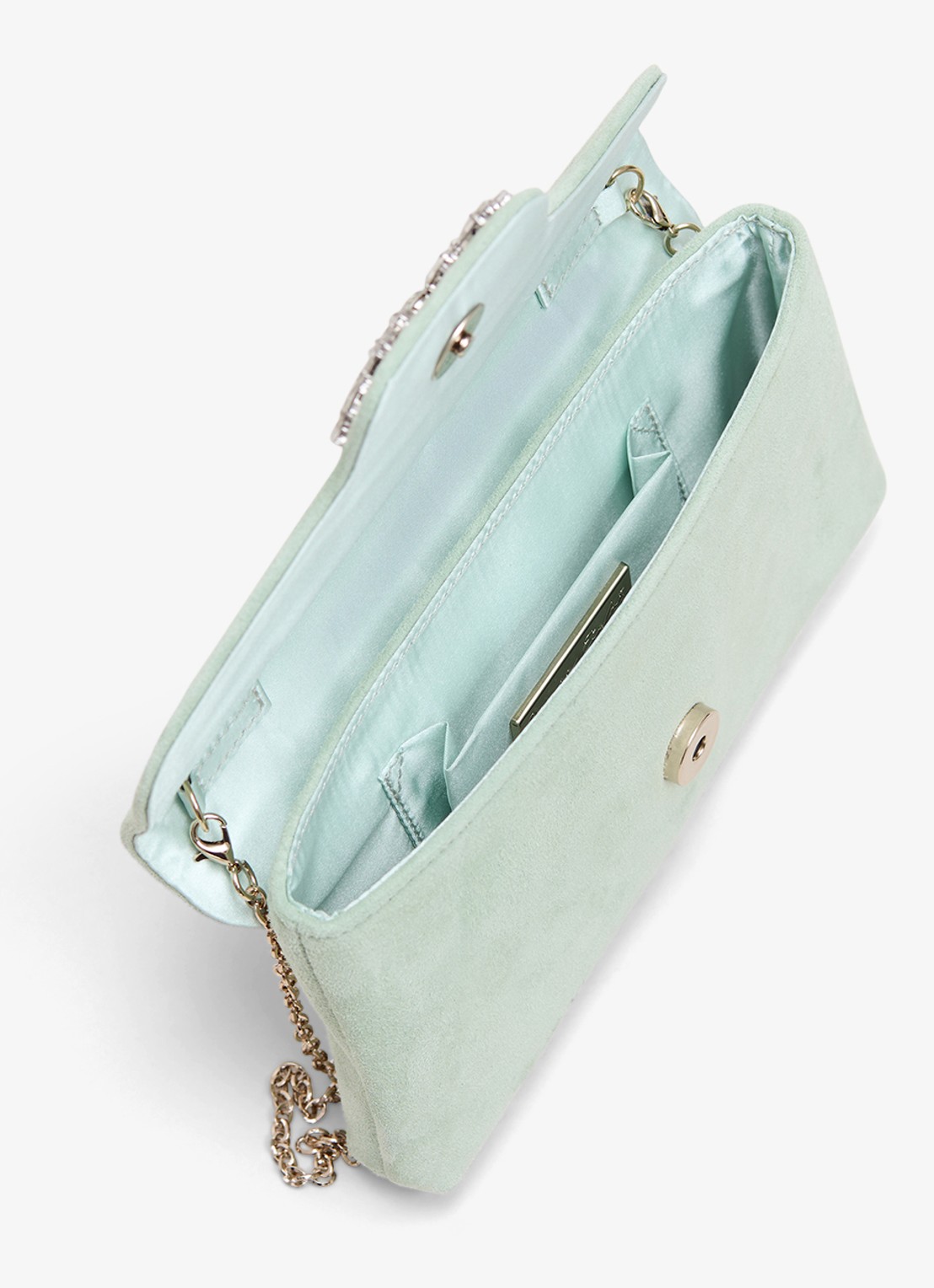 Phase Eight Sparkle clutch van suède met strass - achterkant 3 lindegroen
