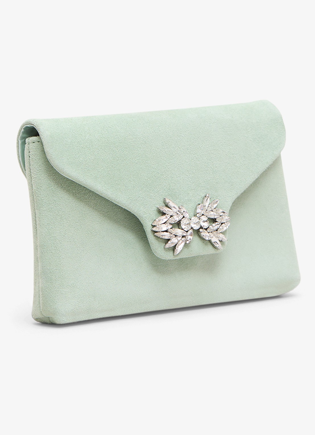 Phase Eight Sparkle clutch van suède met strass - voorkant 2 lindegroen