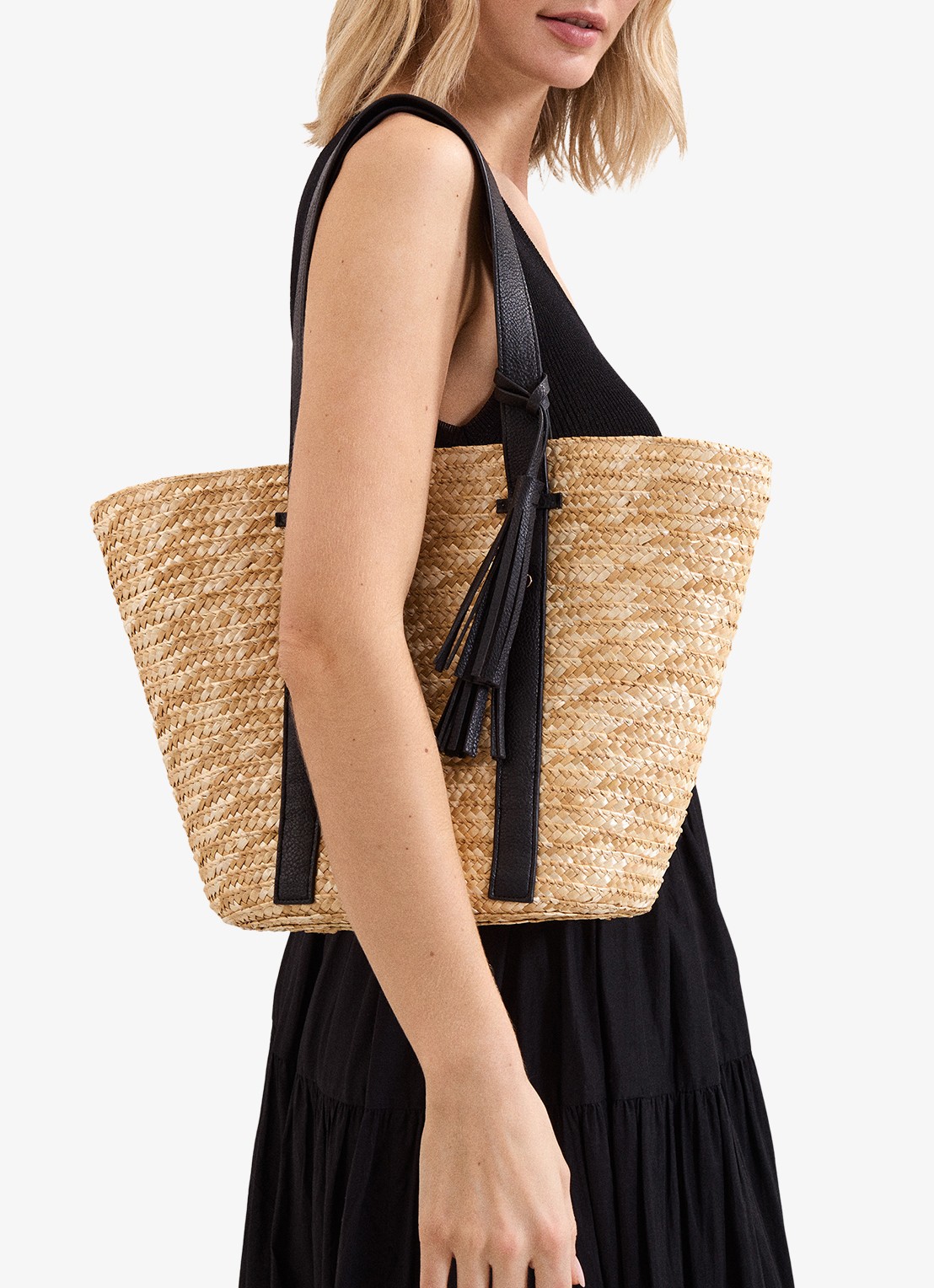 Phase Eight Straw strandtas met gevlochten detail - voorkant 2 beige