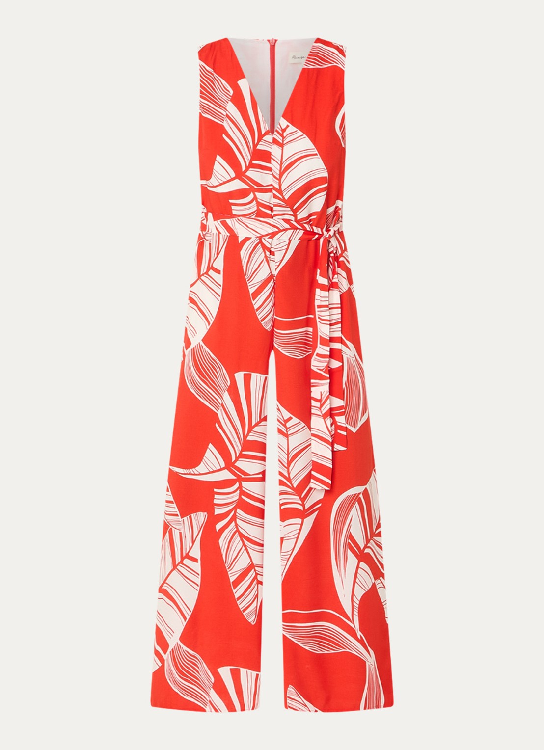 Phase Eight Suzie wide fit jumpsuit met bladprint en strikceintuur - voorkant 3 rood