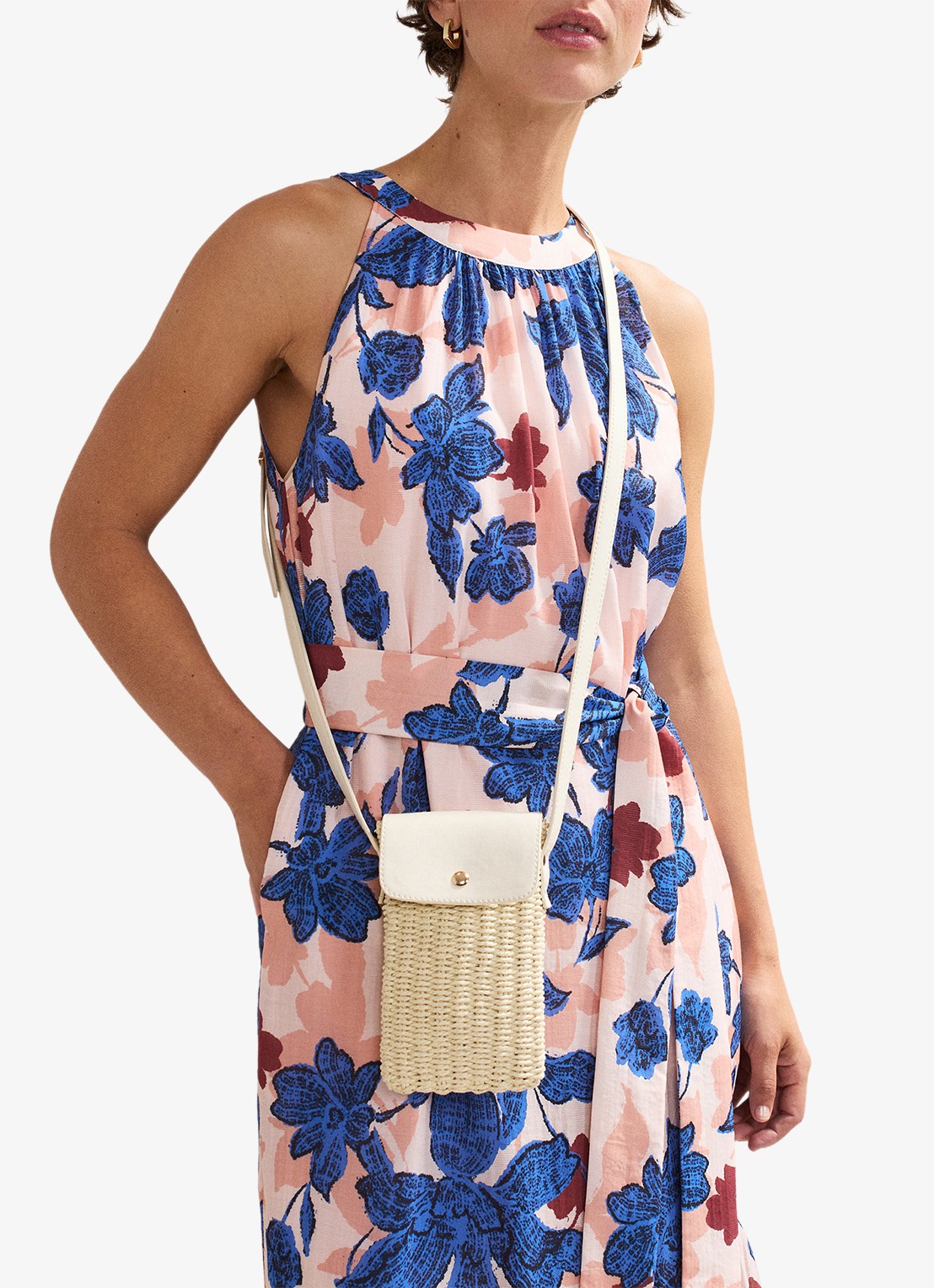 Phase Eight Telefoonhoesje van raffia met schouderriem - voorkant 2 khaki