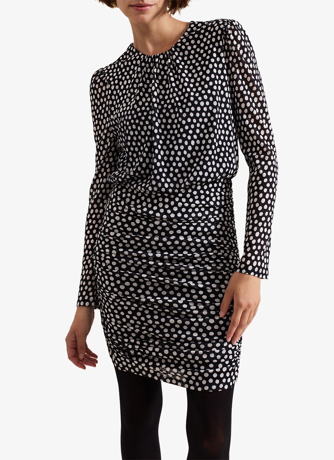 Phase Eight Teodroa mini jurk met stippenprint en ruches - voorkant 6 zwart