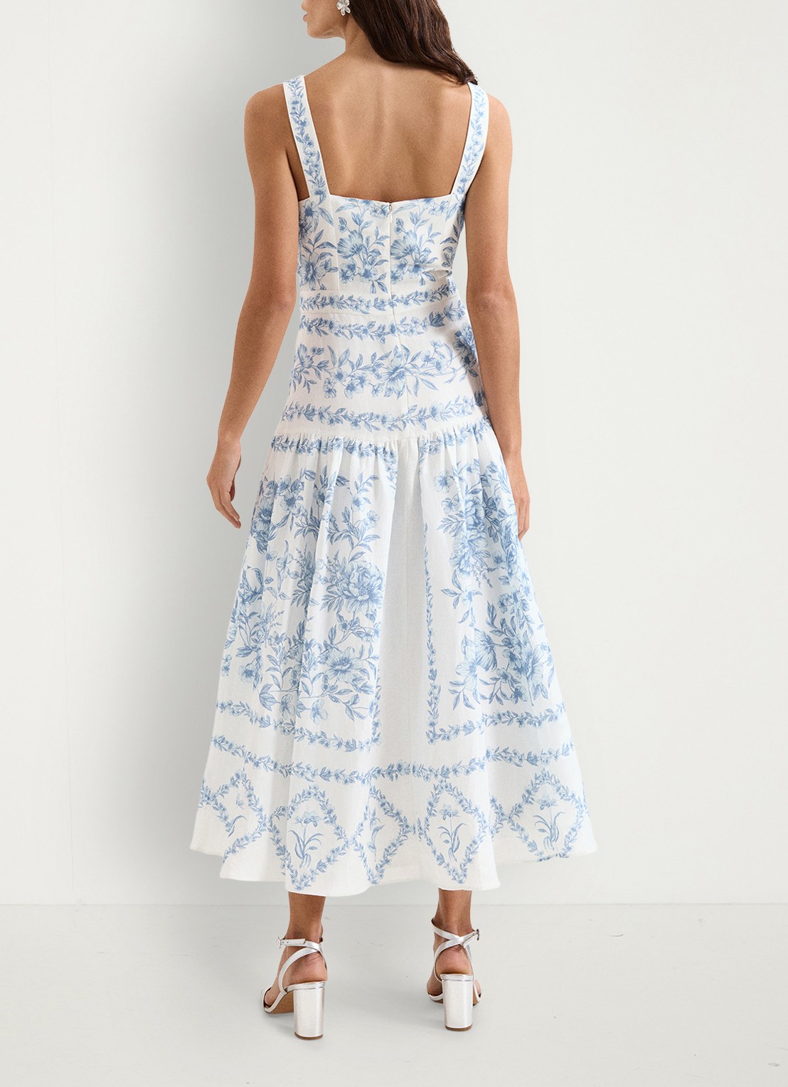 Phase Eight Torin midi jurk in linnenblend met bloemenprint - achterkant blauw
