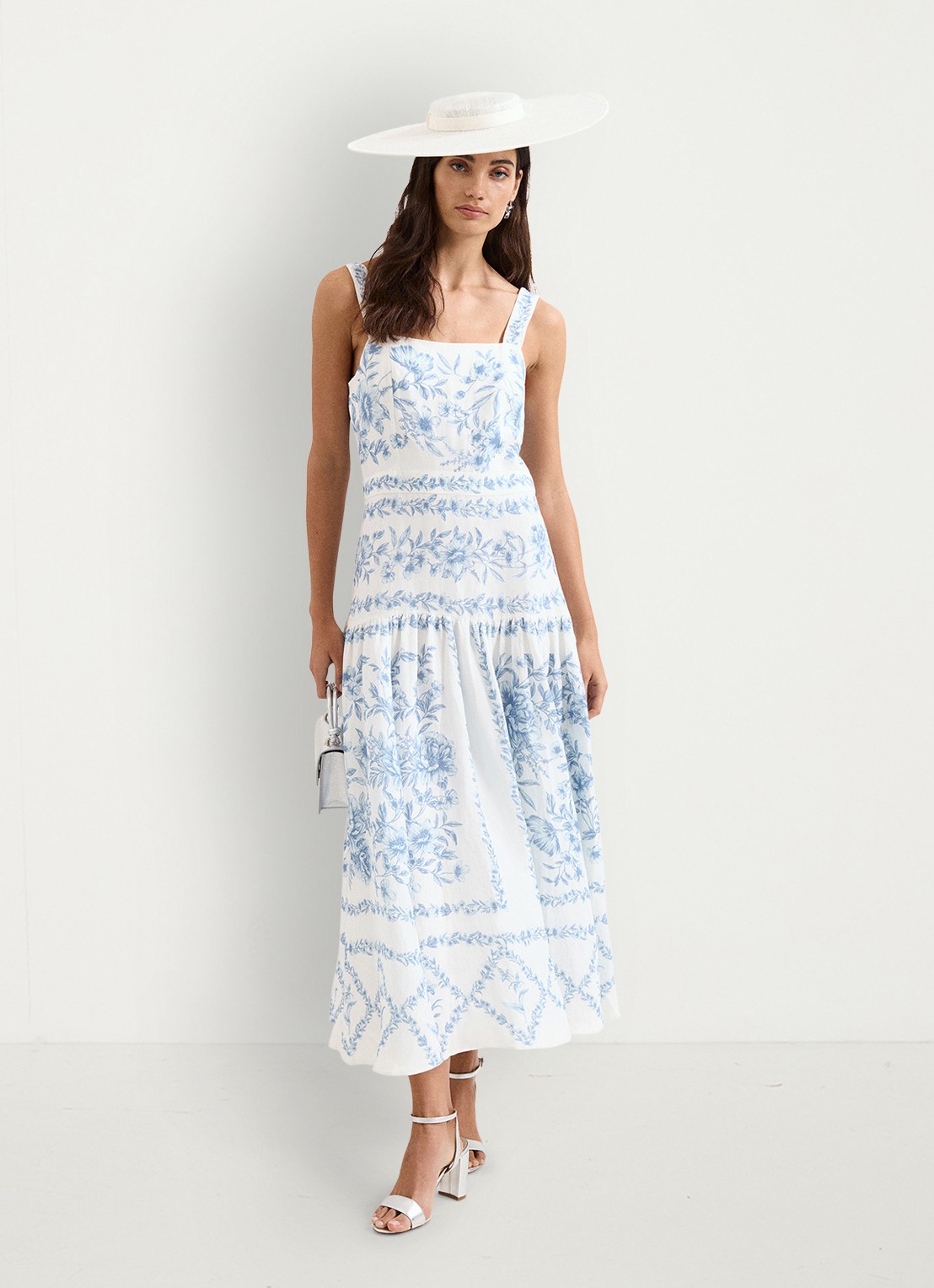 Phase Eight Torin midi jurk in linnenblend met bloemenprint - voorkant 3 blauw
