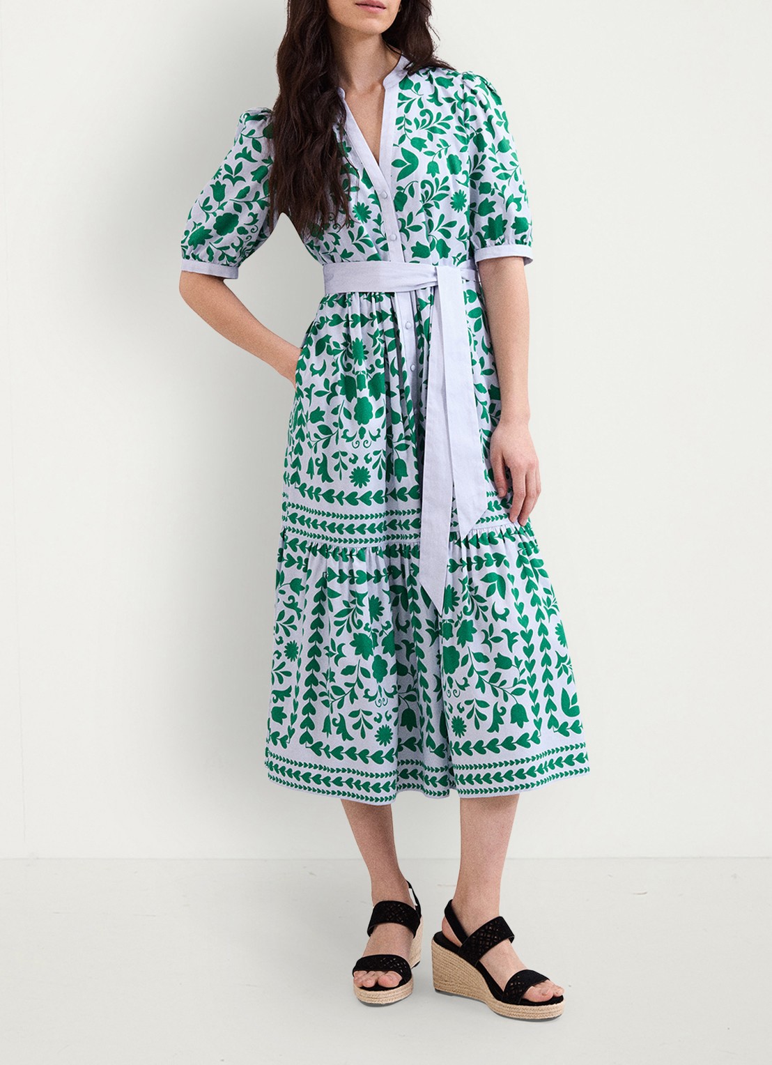 Phase Eight Trinity midi blousejurk met strikceintuur - voorkant 2 donkerblauw
