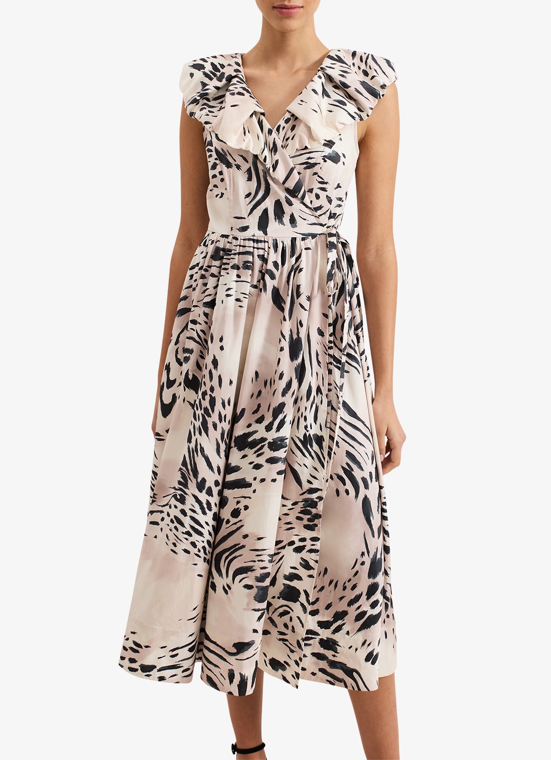 Phase Eight Trix mouwloze midi jurk met volant - detail beige