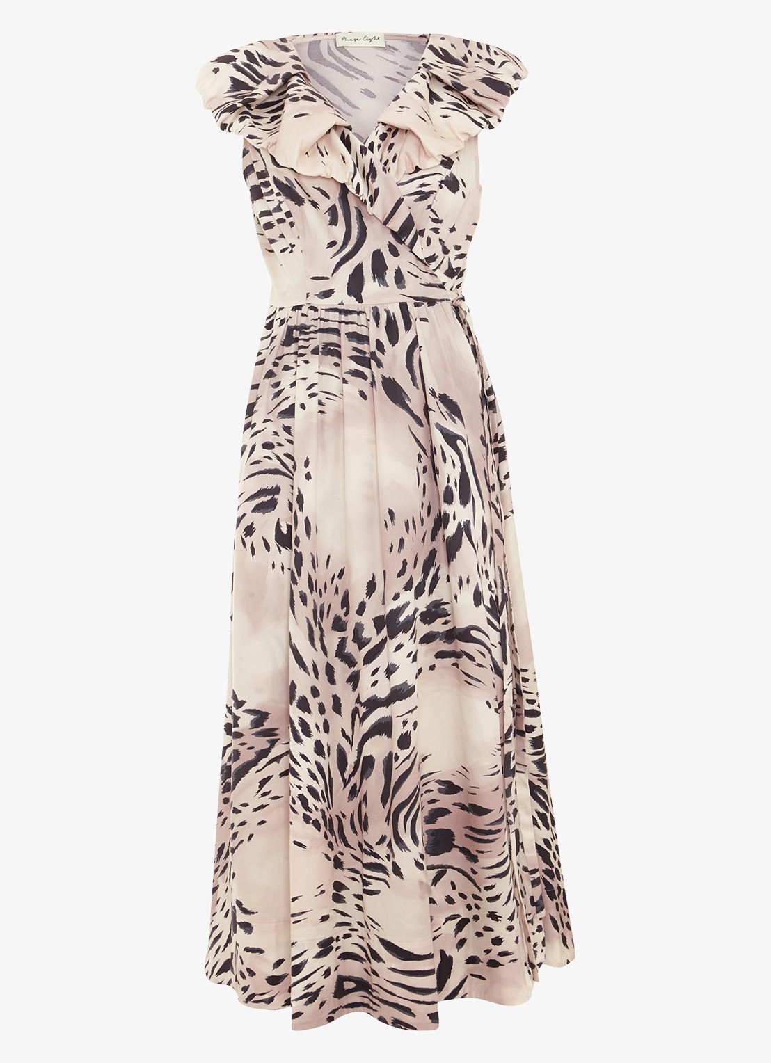 Phase Eight Trix mouwloze midi jurk met volant - voorkant 7 beige