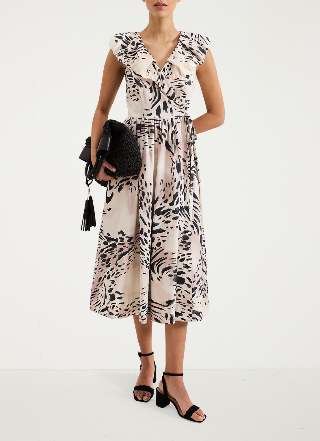 Phase Eight Trix mouwloze midi jurk met volant - voorkant 8 beige