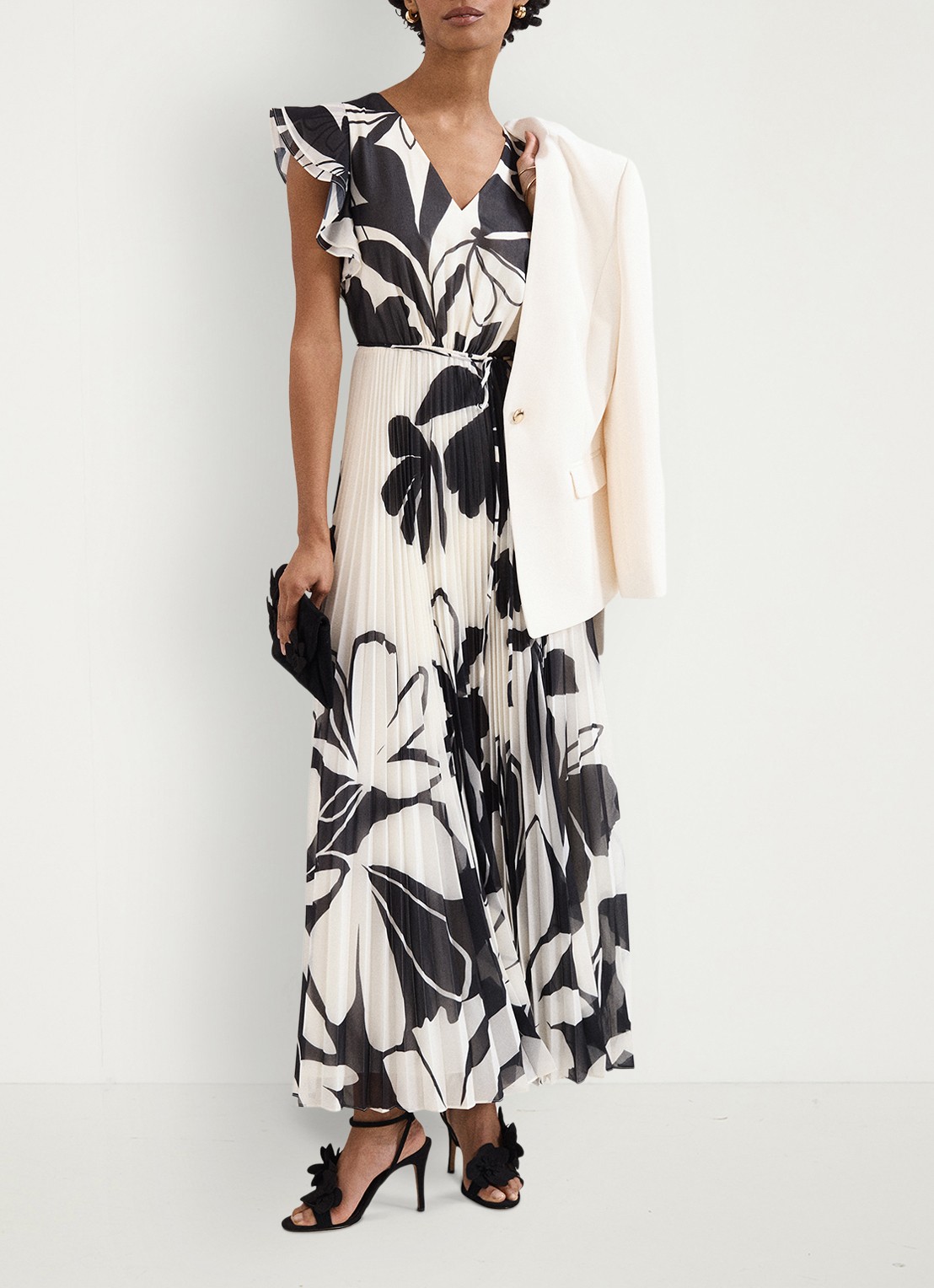 Phase Eight Uma maxi jurk met strikceintuur en print - voorkant 3 zwart