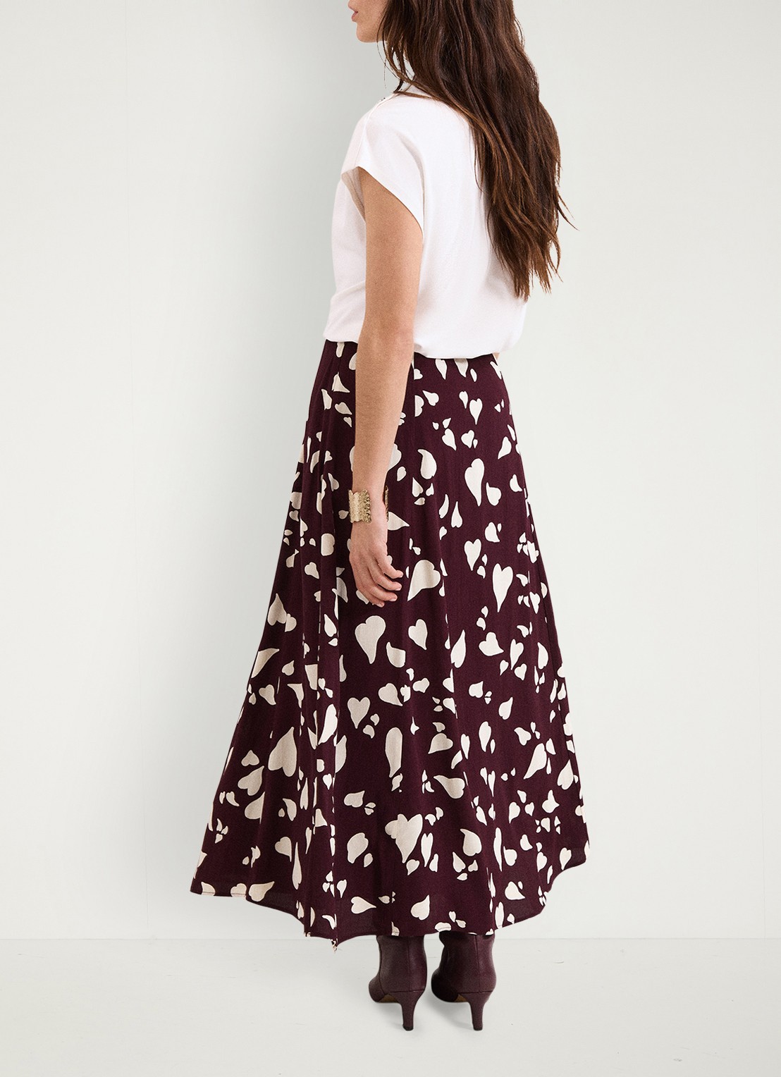 Phase Eight Valentina A-lijn maxi rok met grafische print - achterkant bordeauxrood