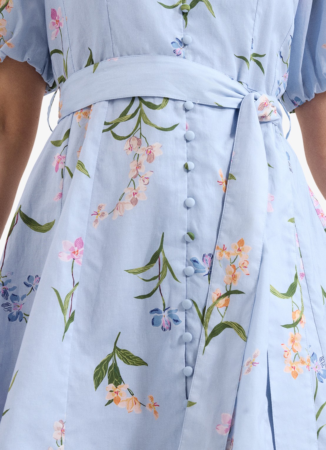 Phase Eight Velma mini jurk met bloemenprint en strikceintuur - detail 6 lichtblauw