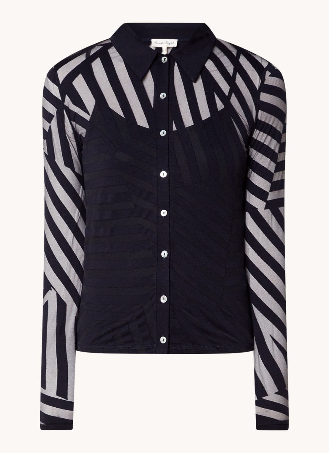Phase Eight Vida Burnout semi-transparante top met knoopdetail en streepprint - voorkant 2 donkerblauw
