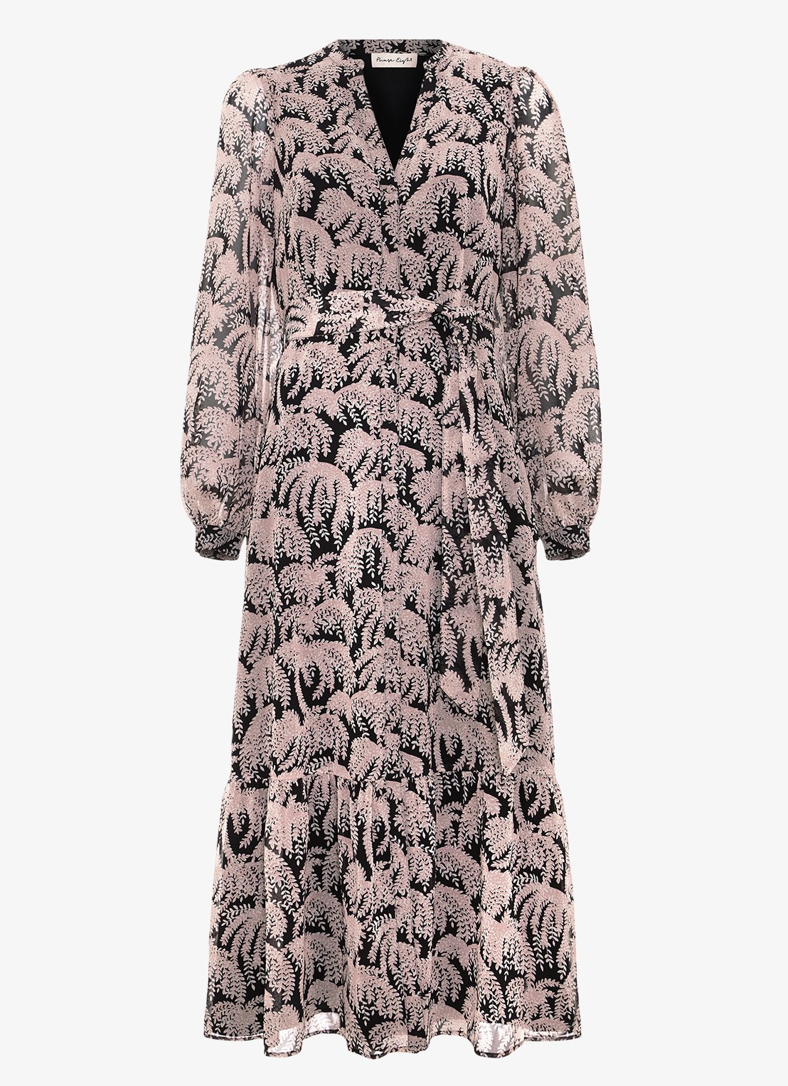 Phase Eight Willow maxi blousejurk met bladprint en strikceintuur - voorkant zwart