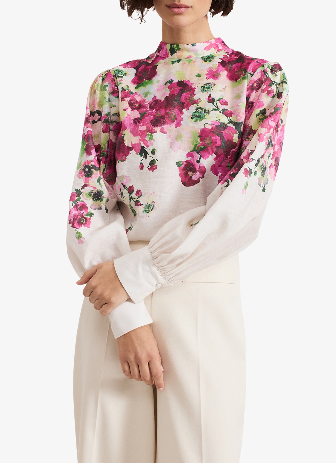 Phase Eight Winnie top in linnenblend met bloemenprint - detail 4 ivoor