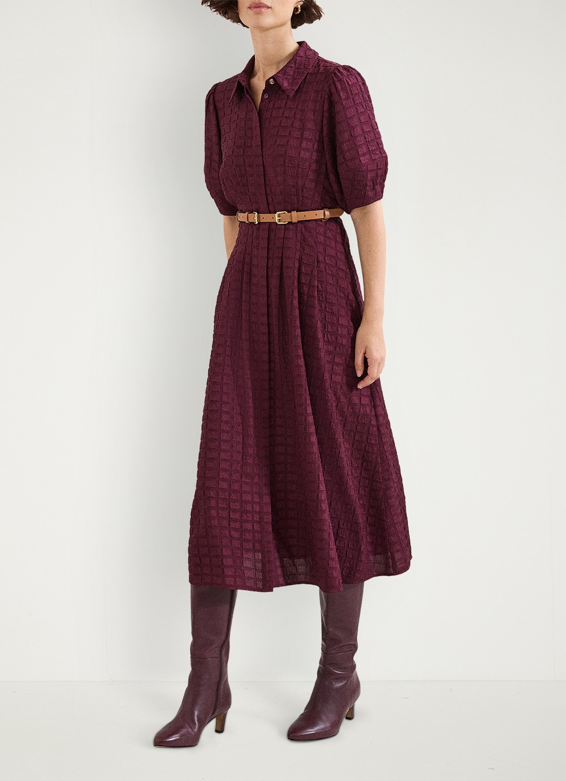 Phase Eight Yasmine midi jurk met pofmouw - voorkant 8 bordeauxrood