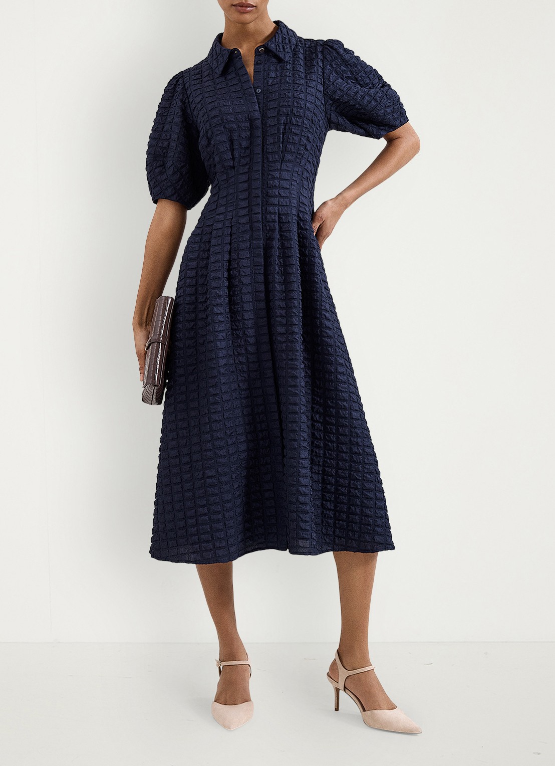 Phase Eight Yasmine midi jurk met pofmouw - voorkant 3 donkerblauw