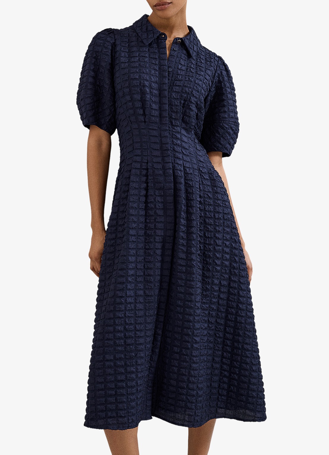 Phase Eight Yasmine midi jurk met pofmouw - detail donkerblauw