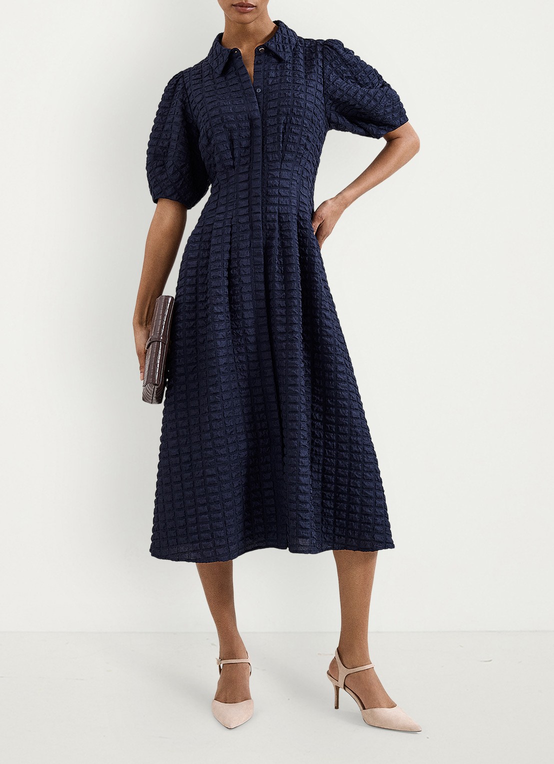Phase Eight Yasmine midi jurk met pofmouw - voorkant 8 donkerblauw