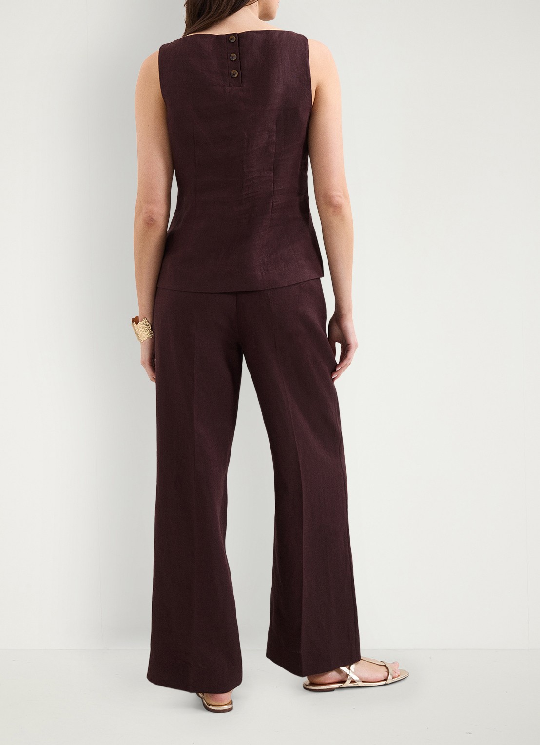 Phase Eight Zoey high waist wide fit pantalon van linnen - achterkant donkerbruin
