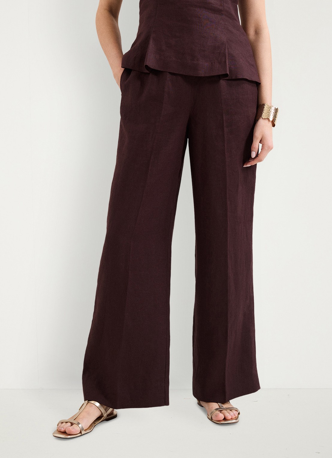 Phase Eight Zoey high waist wide fit pantalon van linnen - detail 2 donkerbruin