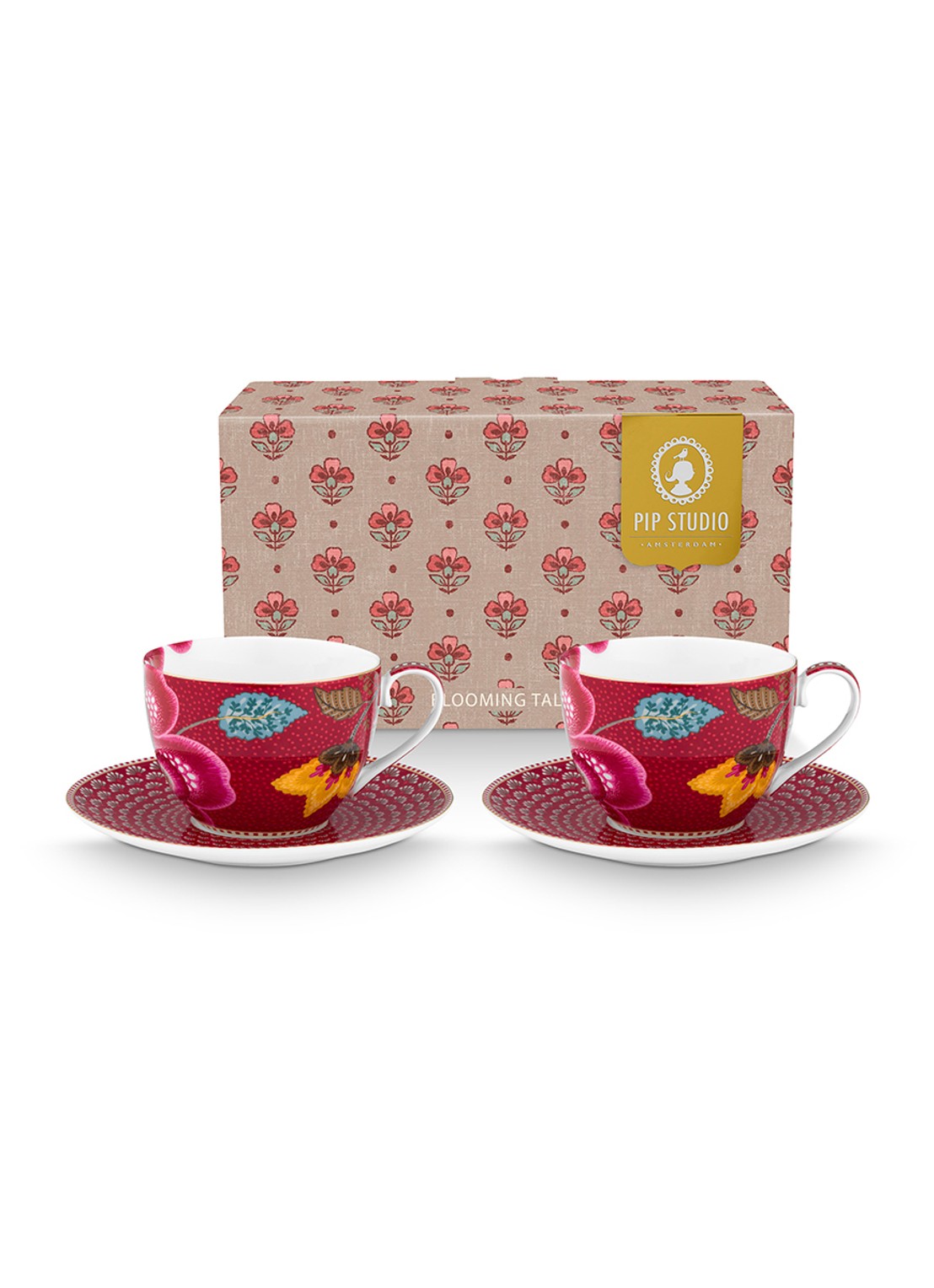 Pip Studio Blooming Tales Fantasy kop en schotel set van 2 - voorkant donkerrood
