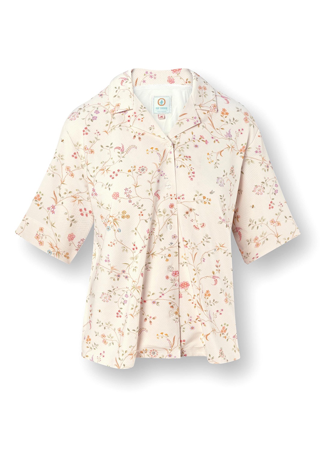Pip Studio Flora pyjamatop met bloemenprint - voorkant 2 gebroken wit
