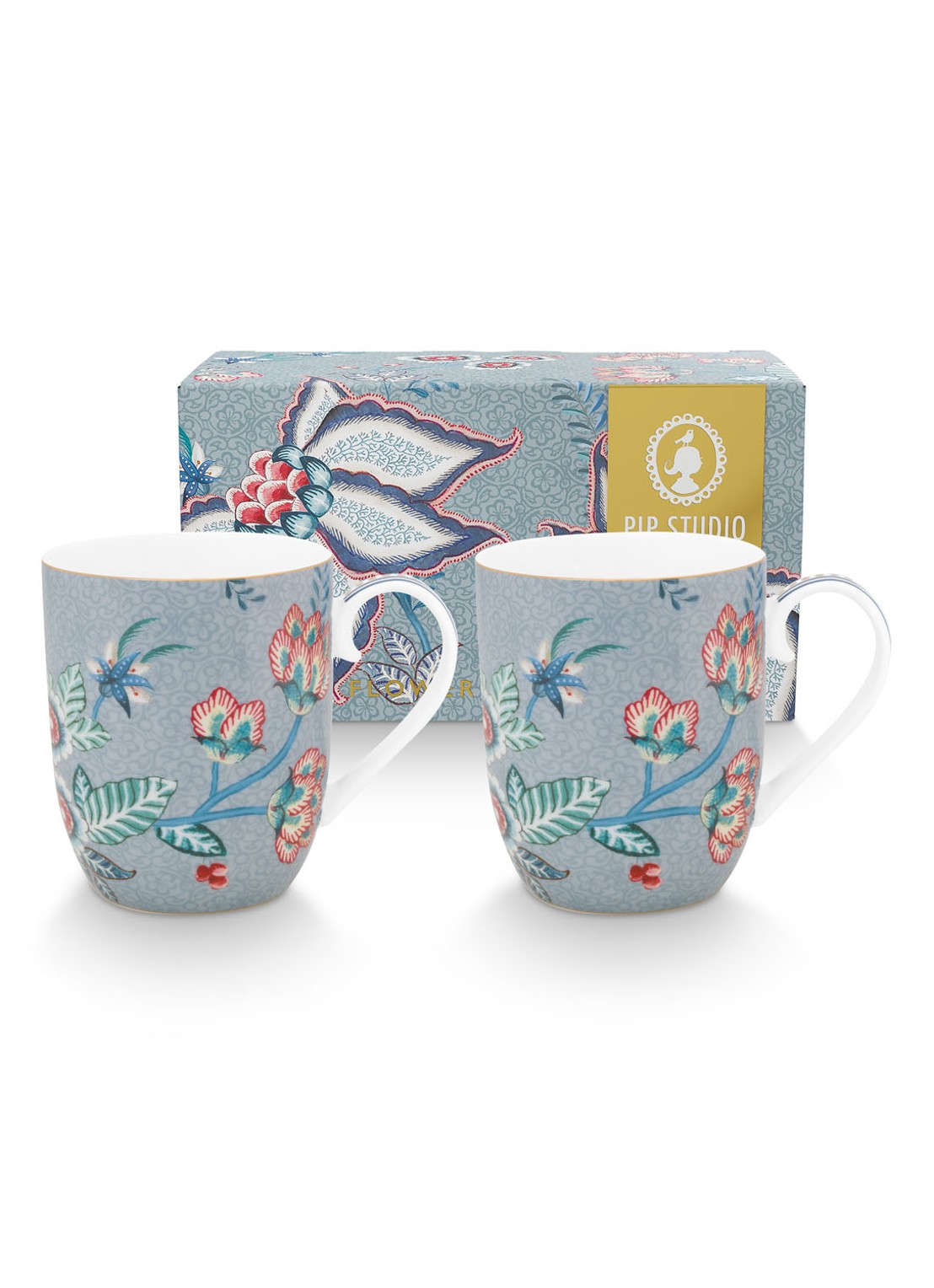 Pip Studio Flower Festival espressokopje 14,5 cl set van 2 - achterkant blauwgrijs