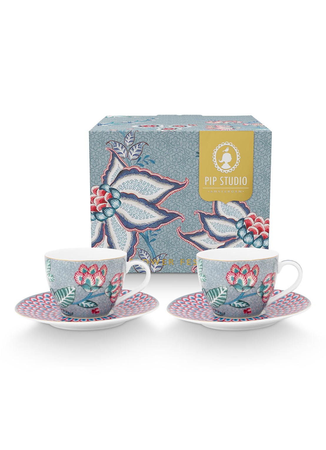 Pip Studio Flower Festival espressokopje en schotel 12 cl set van 2 - achterkant blauwgrijs