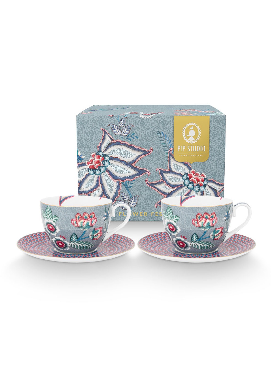 Pip Studio Flower Festival kop en schotel 28 cl set van 2 - achterkant blauwgrijs