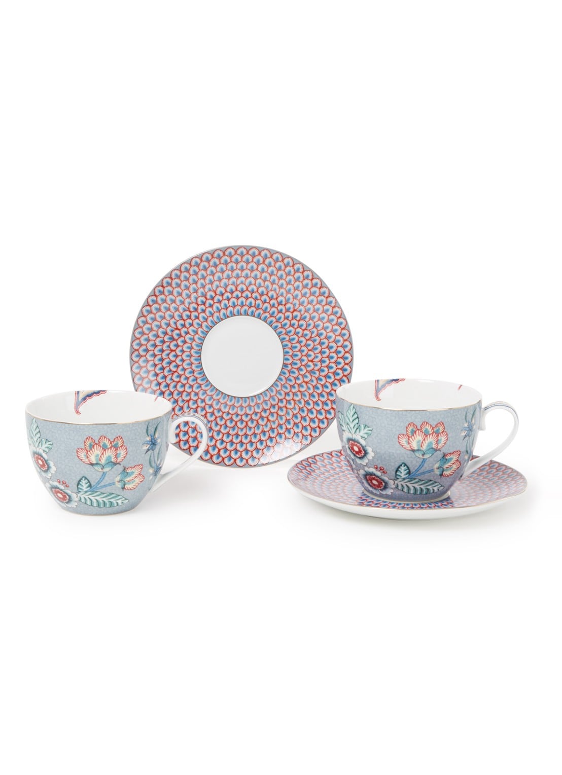 Pip Studio Flower Festival kop en schotel 28 cl set van 2 - voorkant 2 blauwgrijs