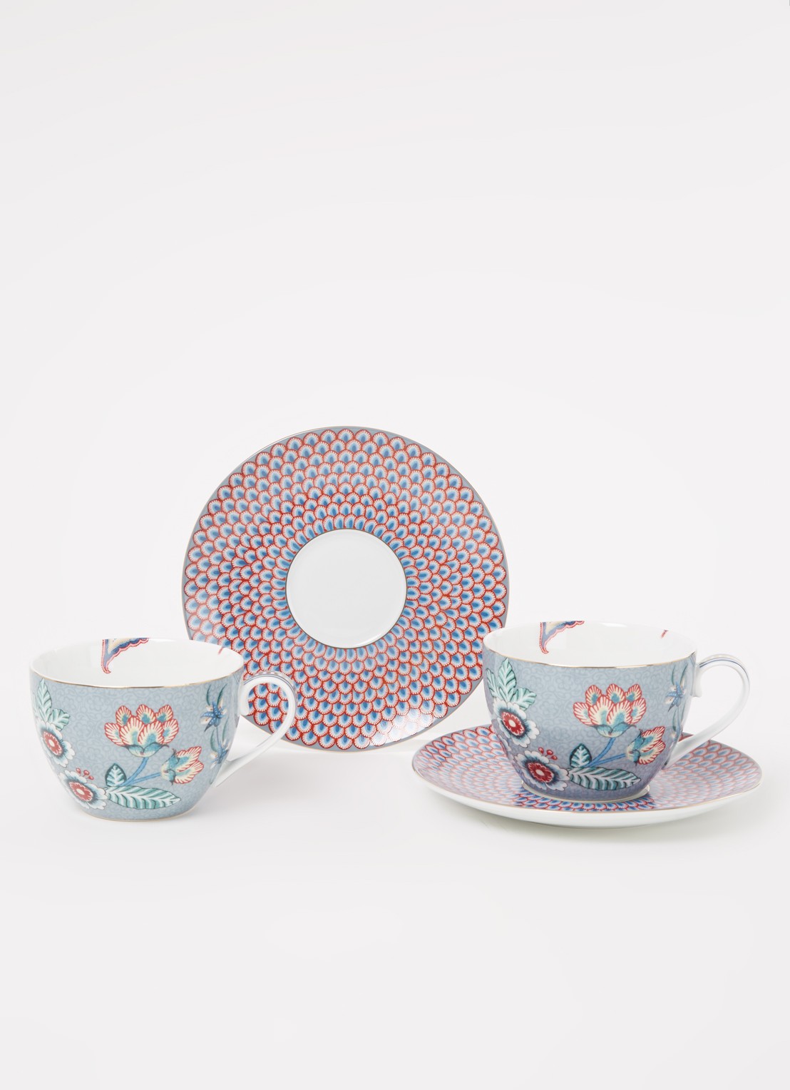 Pip Studio Flower Festival kop en schotel 28 cl set van 2 - voorkant 3 blauwgrijs
