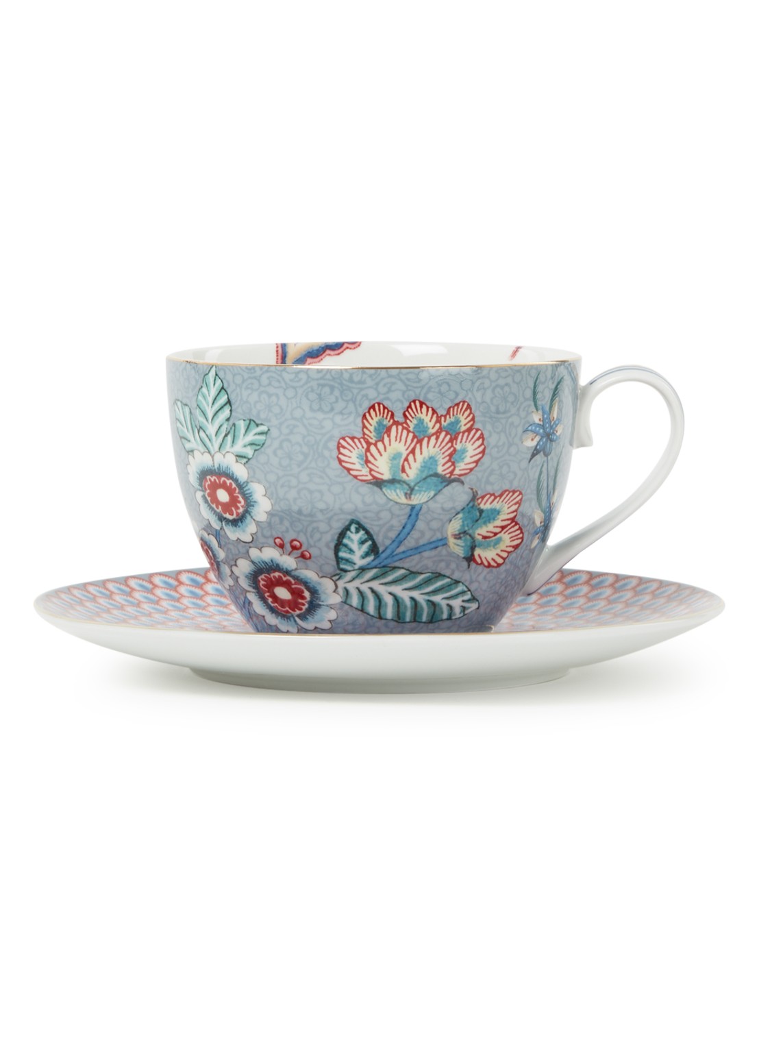Pip Studio Flower Festival kop en schotel 28 cl  - voorkant 2 blauwgrijs