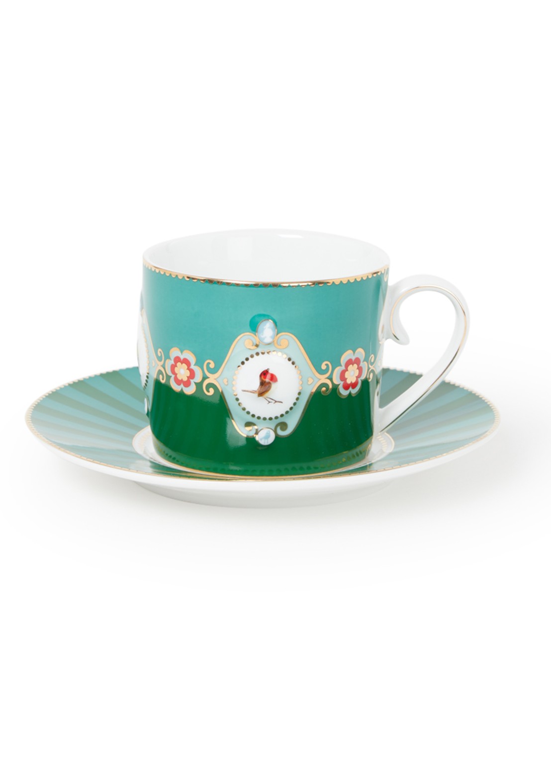 Pip Studio Love Birds Medallion kop en schotel 20 cl - voorkant groen
