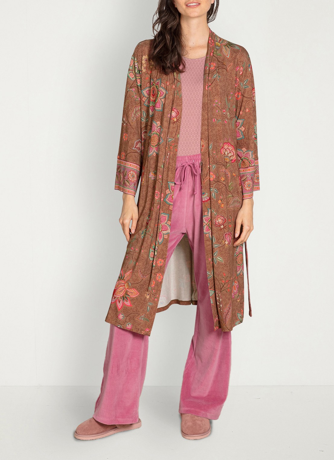 Pip Studio Naomi Mumbai Morning kimono met bloemenprint - detail bruin