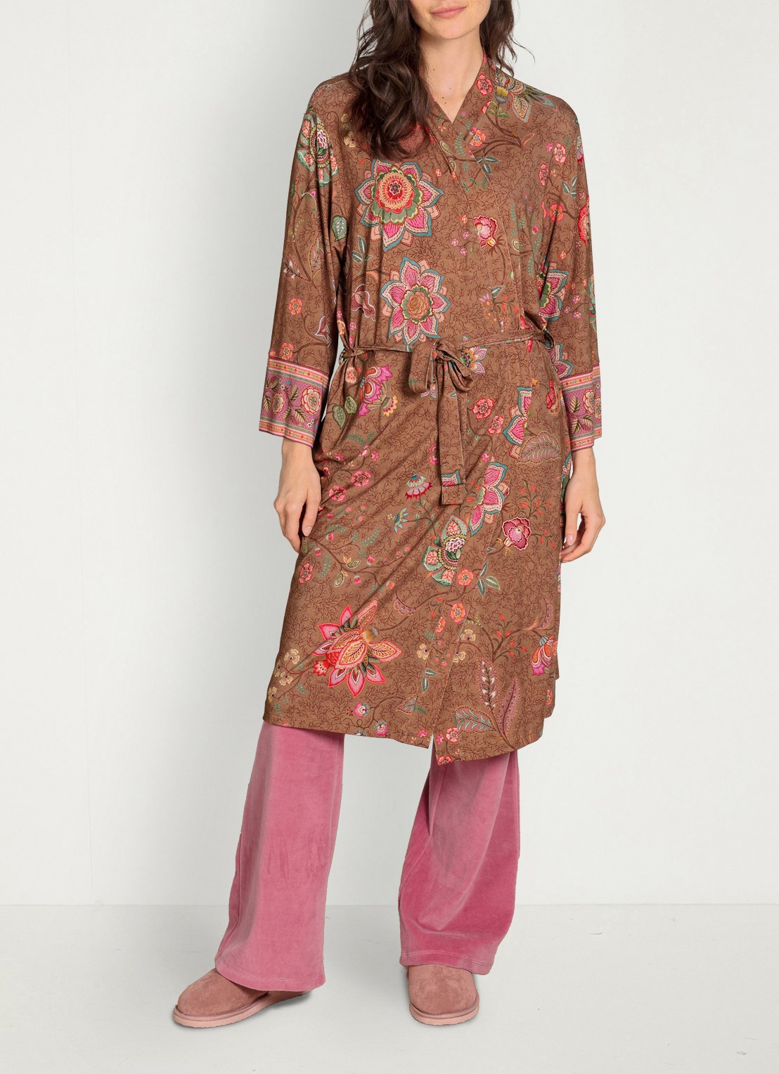 Pip Studio Naomi Mumbai Morning kimono met bloemenprint - voorkant 7 bruin