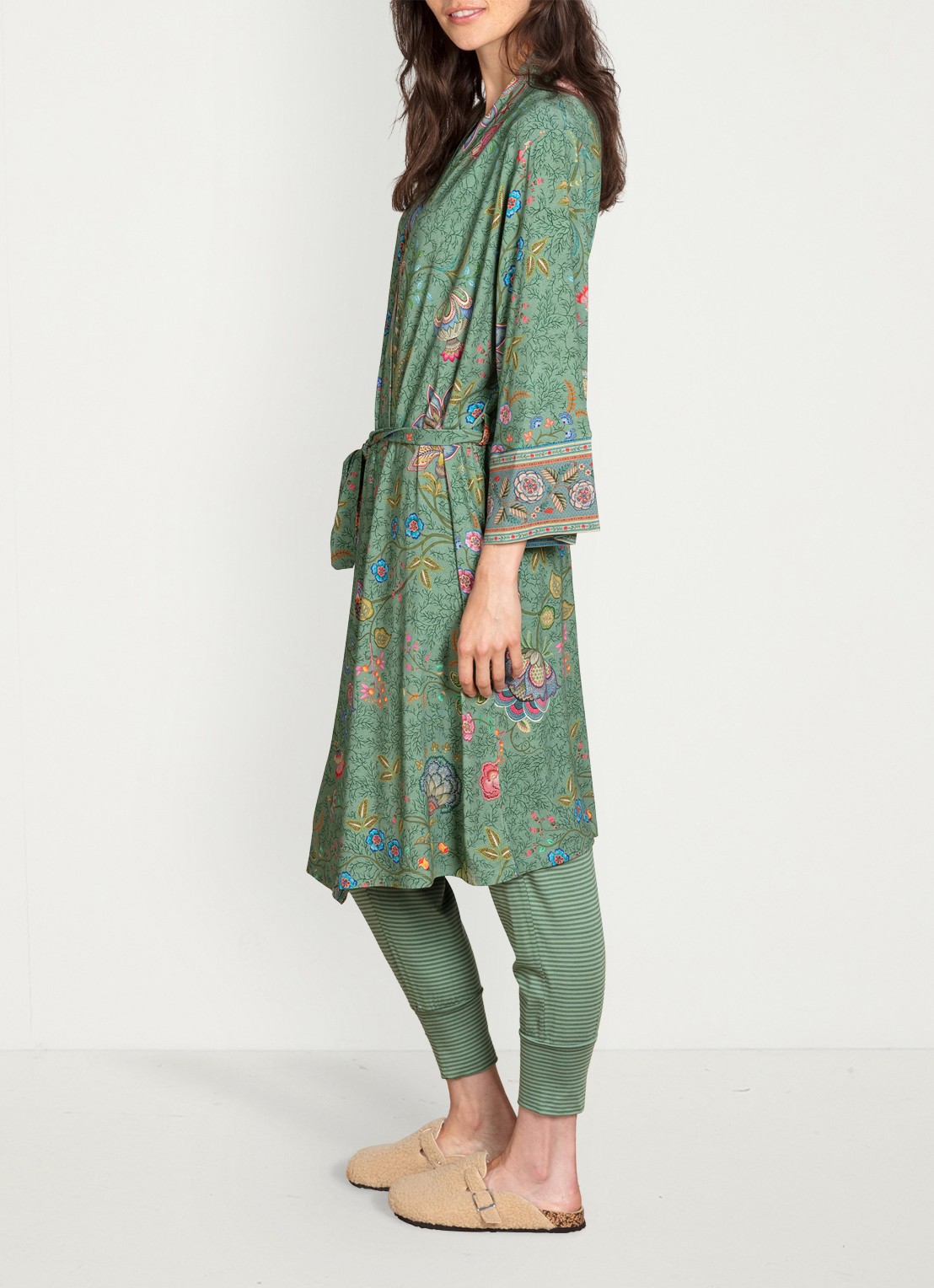 Pip Studio Naomi Mumbai Morning kimono met bloemenprint - voorkant 3 olijfgroen