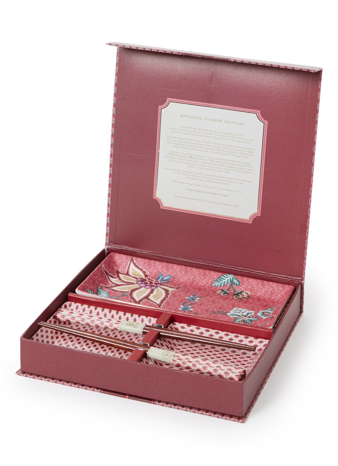 Pip Studio Oriental Flower Festival sushi serviesset 6-delig - voorkant donkerroze
